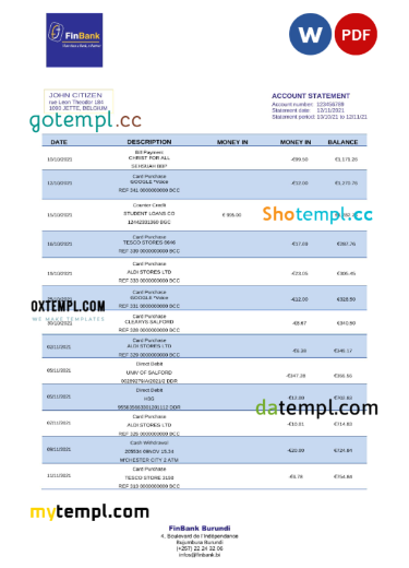 editable template, Burundi Finbank statement Word and PDF template