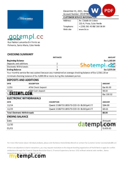 editable template, Cabo Verde Banco Inter-Atlântico bank statement Word and PDF template