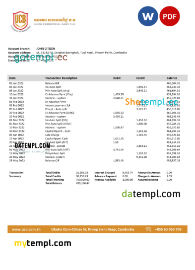 editable template, Cambodia Union Commercial bank statement Word and PDF template