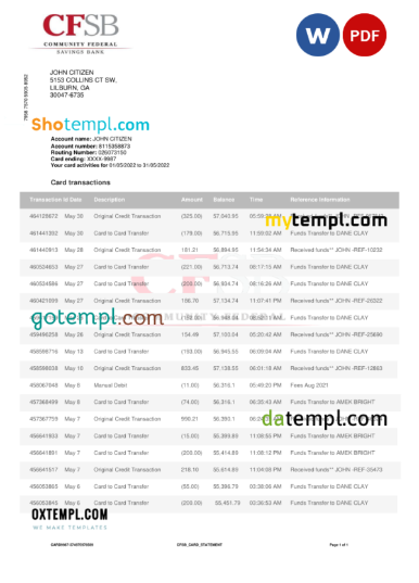 editable template, Canada CFSB bank statement, Word and PDF template