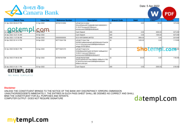 editable template, India Canara bank statement Word and PDF template, 5 pages - Image 5