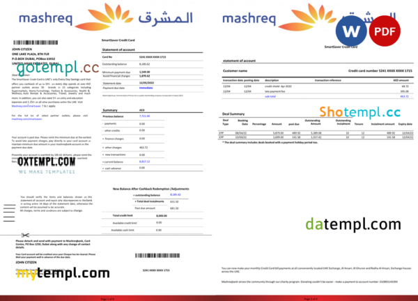 editable template, UAE Mashreq bank statement template in Word and PDF format, 4 pages