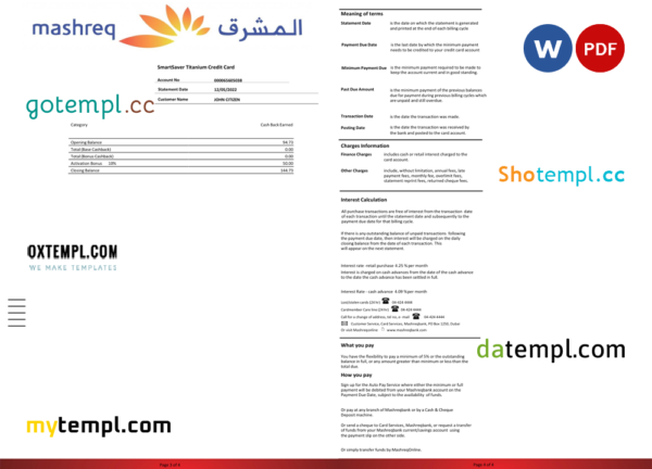 editable template, UAE Mashreq bank statement template in Word and PDF format, 4 pages - Image 2