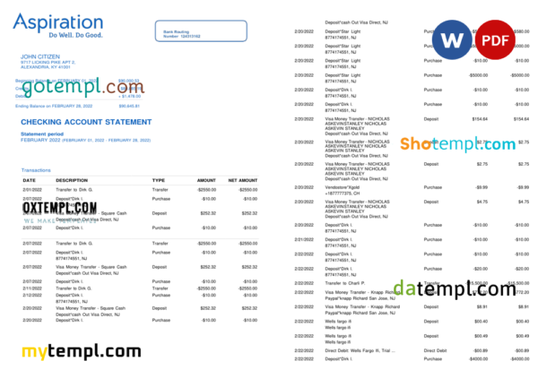 editable template, Egypt Aspiration bank statement, Word and PDF template, 4 pages