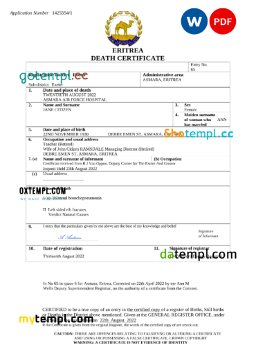 editable template, Eritrea vital record death certificate Word and PDF template