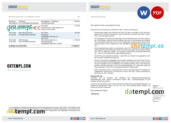 editable template, Germany 1822direkt bank statement, Word and PDF template - Image 3