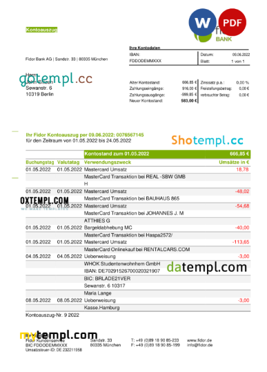 editable template, Germany Fidor bank statement, Word and PDF template