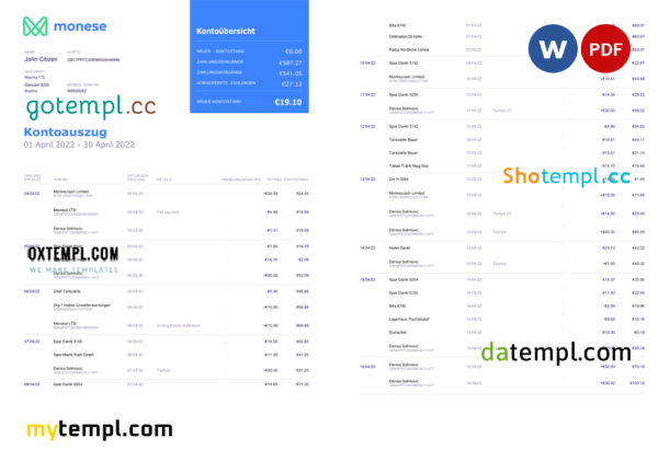 editable template, Germany Monese bank statement, Word and PDF template, 3 pages
