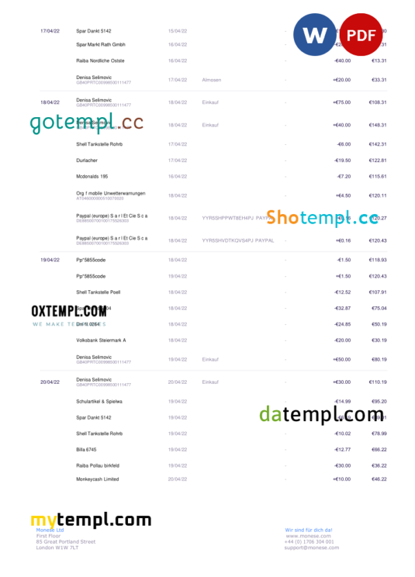 editable template, Germany Monese bank statement, Word and PDF template, 3 pages - Image 2