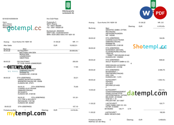 editable template, Germany Oldenburgische bank statement, Word and PDF template, 3 pages