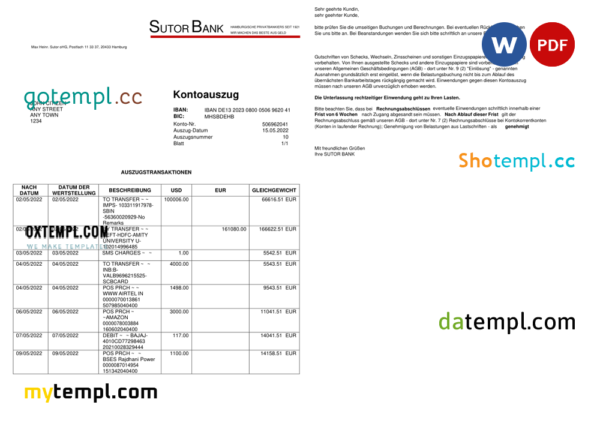 editable template, Germany Sutor bank statement, Word and PDF template, 2 pages