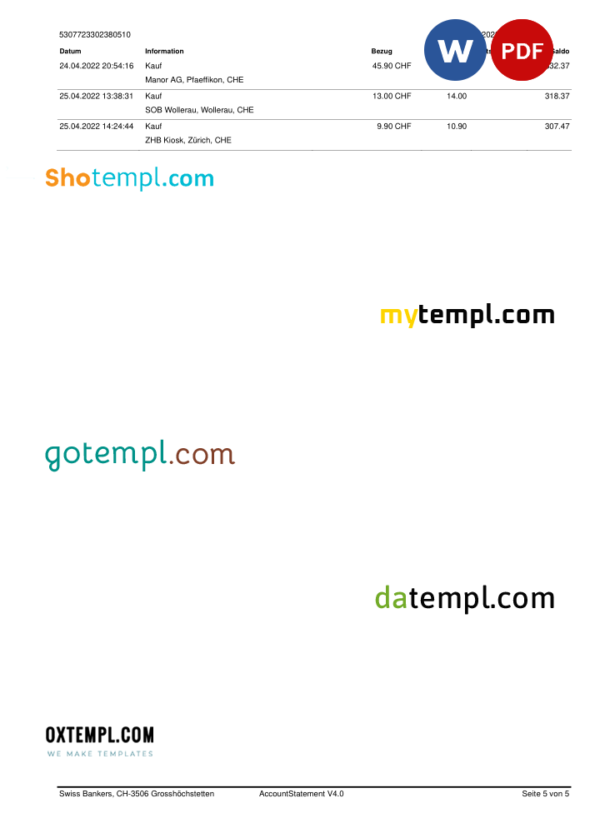 editable template, Germany Swiss Bank statement template in Word and PDF format in German language, 5 pages - Image 3