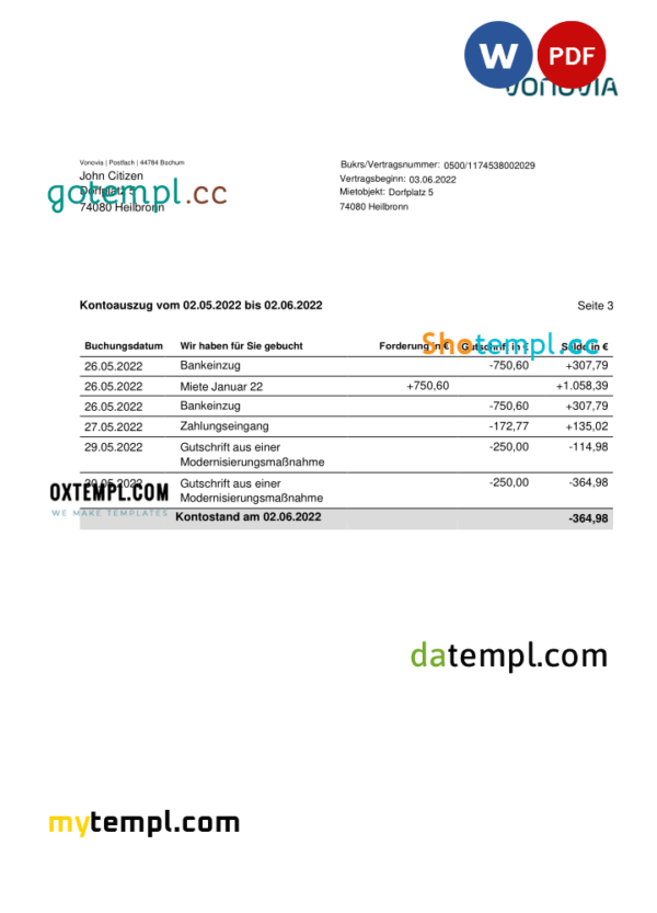 editable template, Germany Vonovia bank statement, Word and PDF template, 3 pages - Image 2