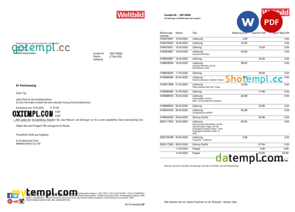 editable template, Germany Weltbild bank statement, Word and PDF template, 2 pages