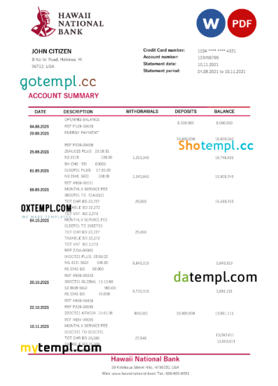 editable template, Hawaii Hawaii National Bank statement Word and PDF template