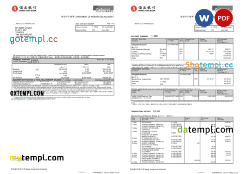 editable template, Hong Kong Hang Seng bank statement Word and PDF template, 2 pages