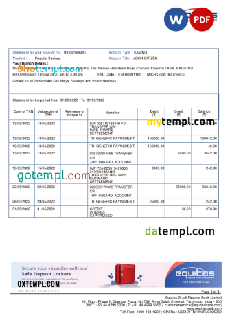 editable template, India Equitas bank statement Word and PDF template, 3 pages - Image 2