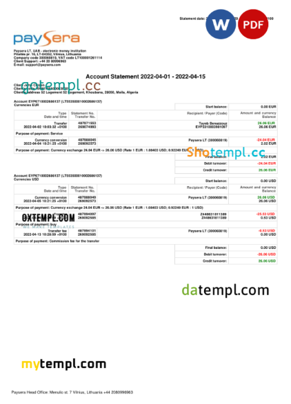 editable template, Lithuania Paysera account statement, Word and PDF template