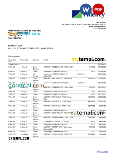 editable template, Nigeria Fidelity bank statement, Word and PDF template