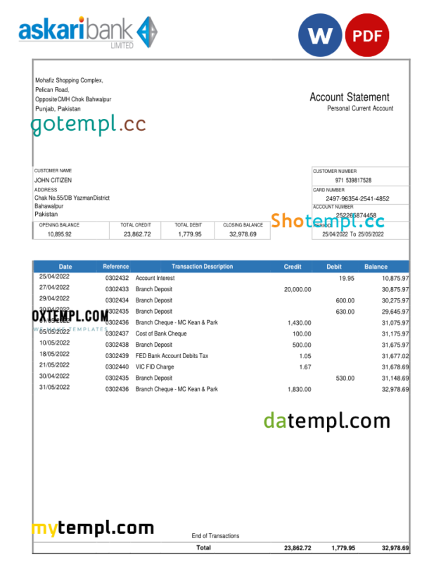 editable template, Pakistan Askaribank bank statement, Word and PDF template
