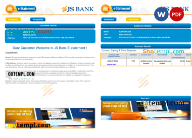 editable template, Pakistan JS bank e-statement, Word and PDF template, 3 pages