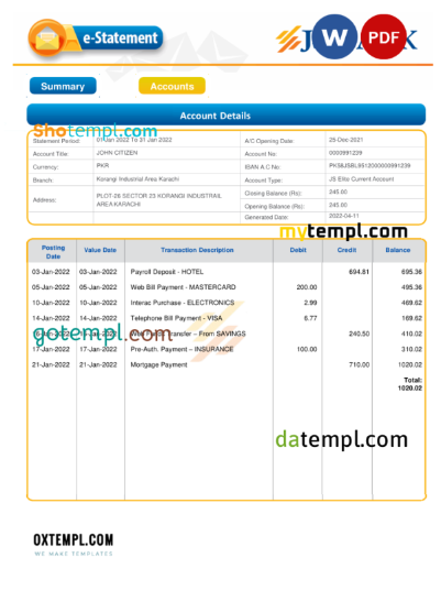 editable template, Pakistan JS bank e-statement, Word and PDF template, 3 pages - Image 2