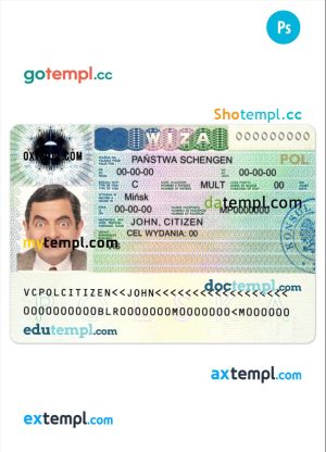 editable template, Poland schengen visa PSD template, with fonts