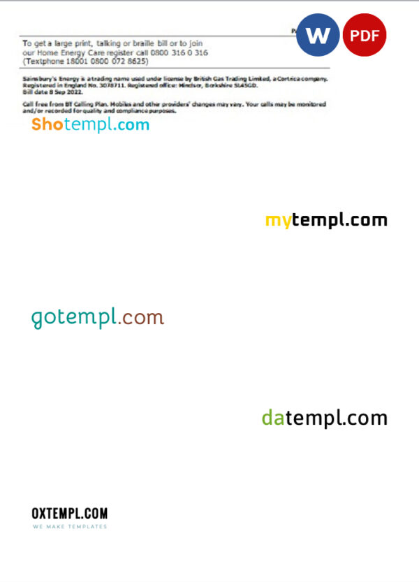 editable template, United Kingdom Sainsbury's Energy (British Gas) bill, Word and PDF template, 3 pages - Image 2