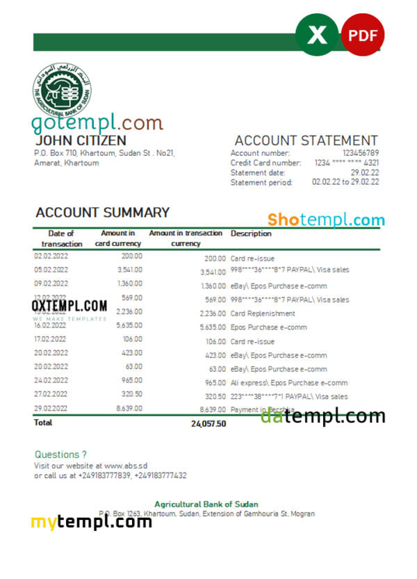 editable template, Sudan Agricultural Bank of Sudan bank statement, Excel and PDF template