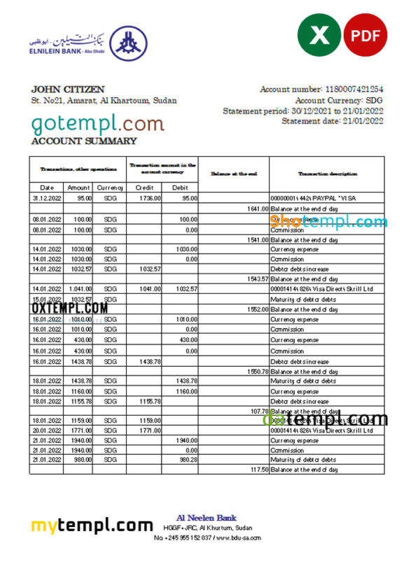 editable template, Sudan Al Neelen Bank statement, Excel and PDF template