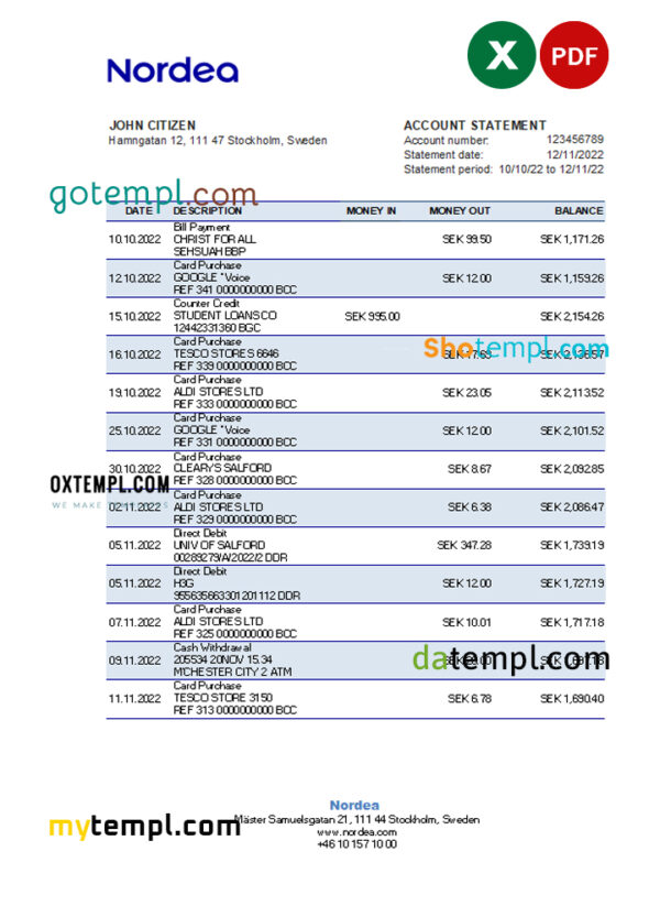 editable template, Sweden Nordea bank statement, Excel and PDF template