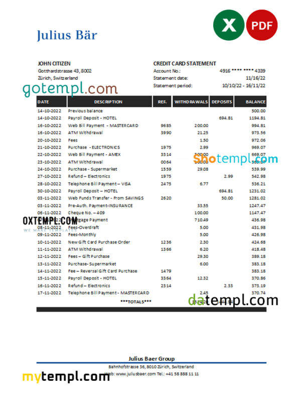 editable template, Switzerland Julius Bar bank statement, Excel and PDF template