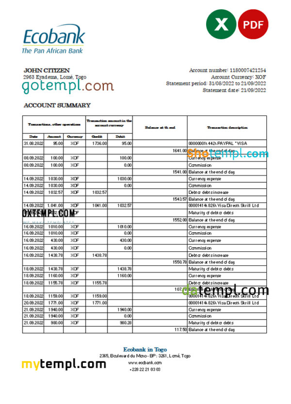 editable template, Togo Ecobank bank statement, Excel and PDF template
