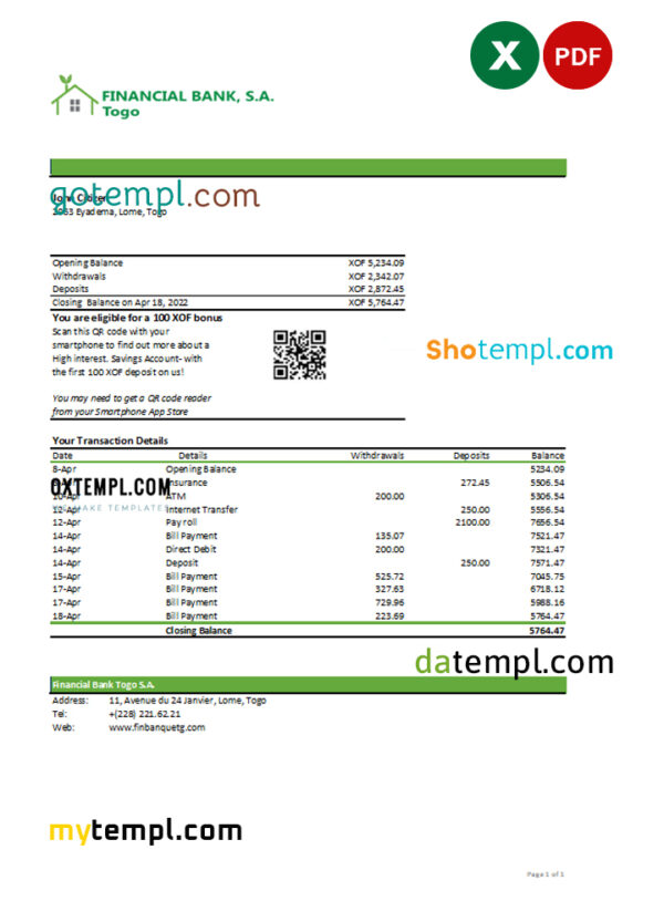 editable template, Togo Financial Bank statement, Excel and PDF template