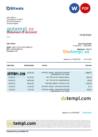 editable template, United Kingdom Bitwala bank statement, Word and PDF template