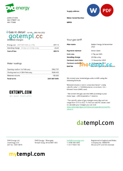 editable template, United Kingdom Ovo Energy utility bill, Word and PDF template
