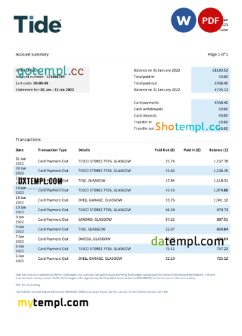 editable template, United Kingdom Tide bank statement, Word and PDF template