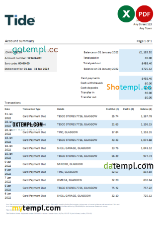 editable template, United Kingdom Tide bank statement, Excel and PDF template