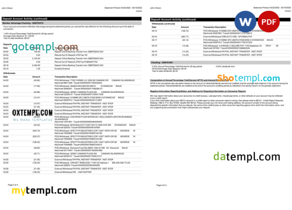 editable template, USA BECU bank statement, Word and PDF template, 4 pages - Image 2