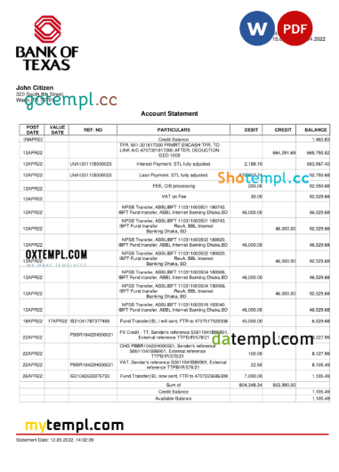 editable template, USA Bank of Texas account statement Word and PDF template