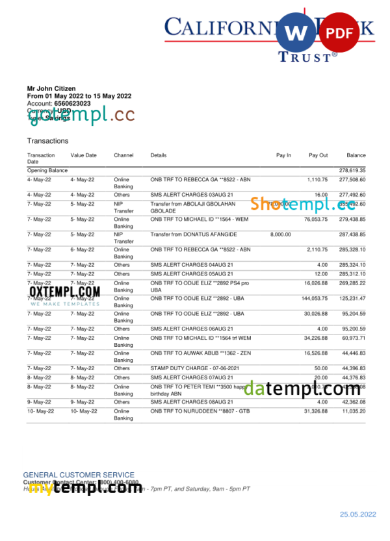 editable template, USA California Bank Trust bank statement, Word and PDF template