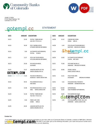 editable template, USA Community Banks of Colorado bank statement Word and PDF template