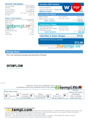 editable template, USA Michigan Water and Sewerage Department utility bill, Word and PDF template, 2 pages - Image 2