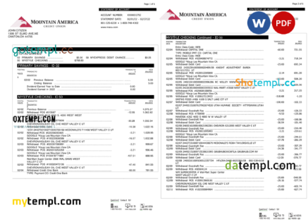 editable template, USA Mountain America Credit Union bank statement, Word and PDF template, 6 pages