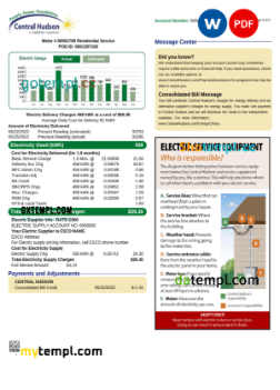 editable template, USA New York Central Hudson A fortis company utility bill, Word and PDF template, 3 pages - Image 2