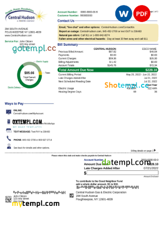 editable template, USA New York Central Hudson A fortis company utility bill, Word and PDF template, 3 pages - Image 3