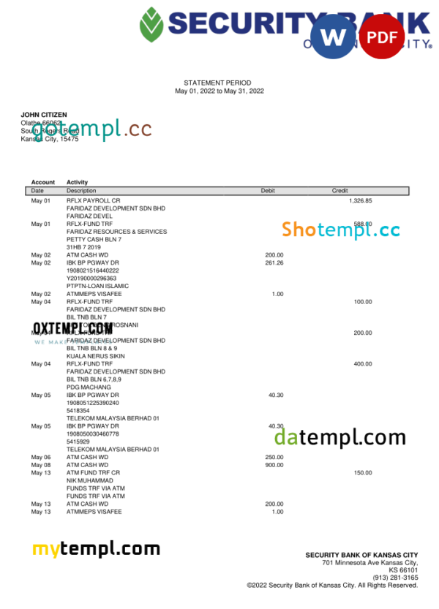 editable template, USA Security Bank of Kansas city bank statement Word and PDF template