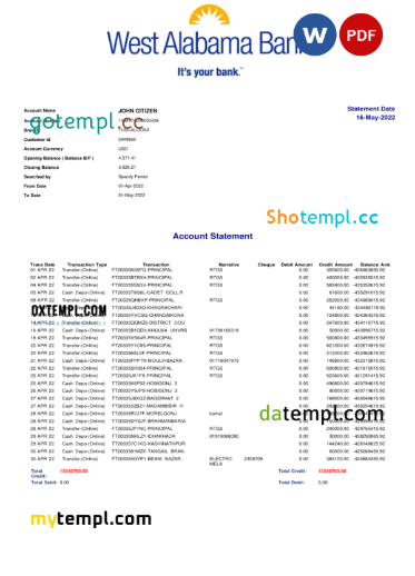 editable template, USA West Alabama bank statement Word and PDF template