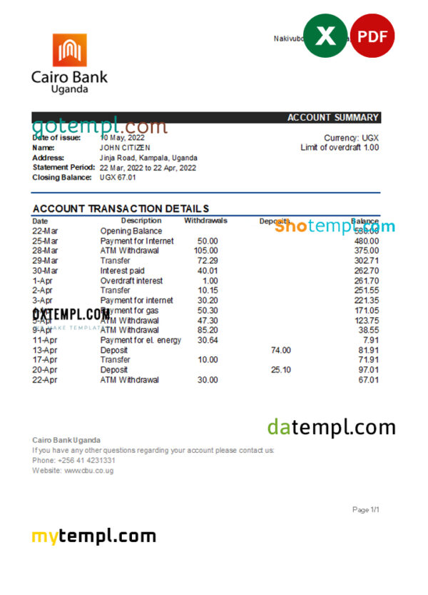 editable template, Uganda Cairo bank statement, Excel and PDF template