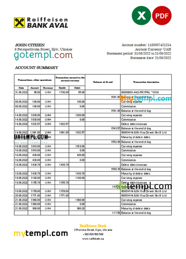 editable template, Ukraine Raiffeisen bank statement, Excel and PDF template